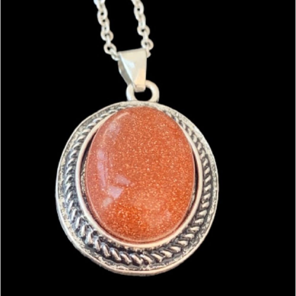 Red Goldstone Oval Pendant Necklace Balinese Style Aventurine Glass